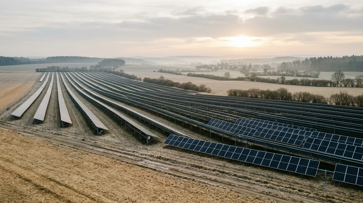 Reihen von Photovoltaikmodulen auf einer offenen Freifläche