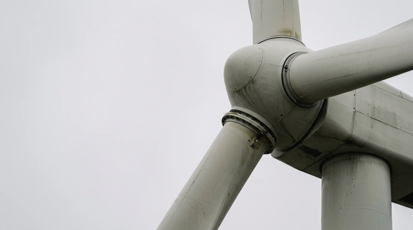 Gondel und Rotorblattansatz einer Windenergieanlage vor hellem Himmel